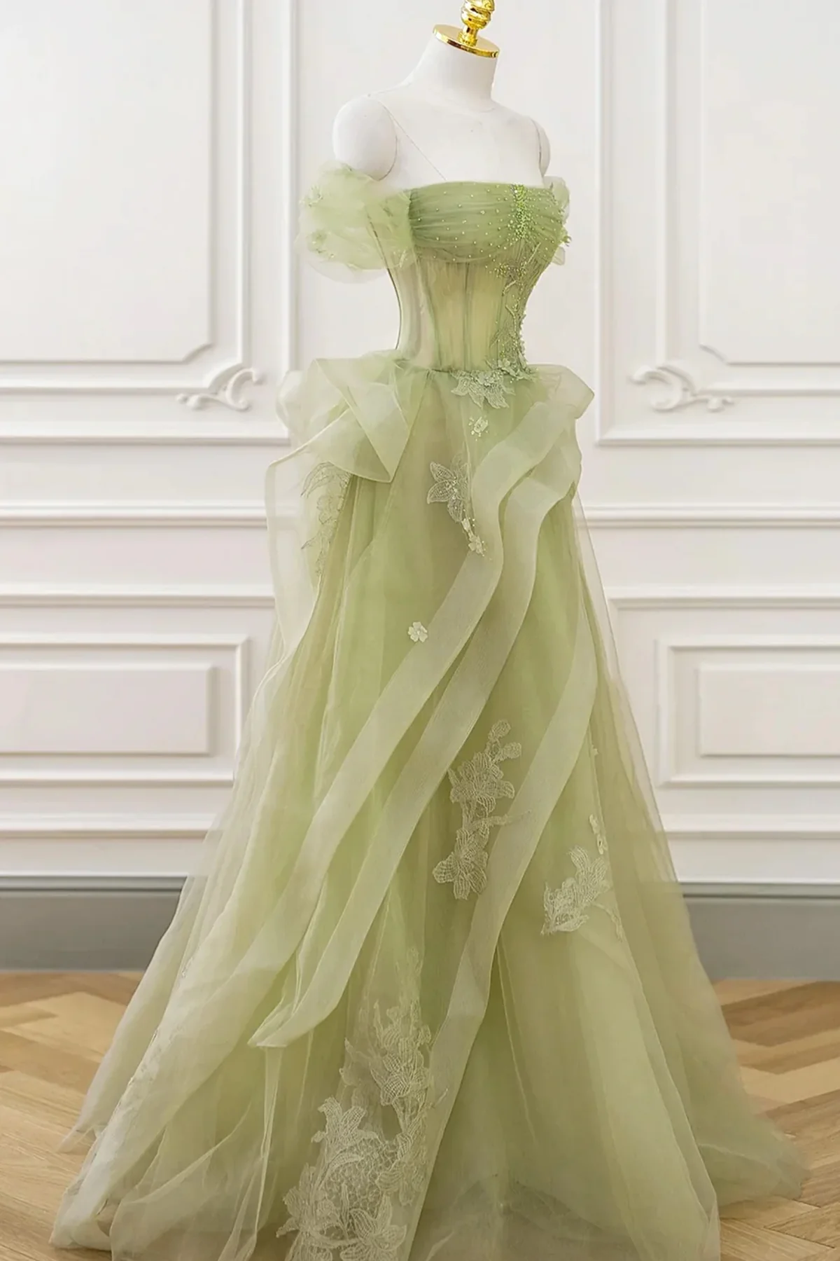 Cute Light Green A-line Beaded Tulle Party Dress, Light Green Long Prom Dress