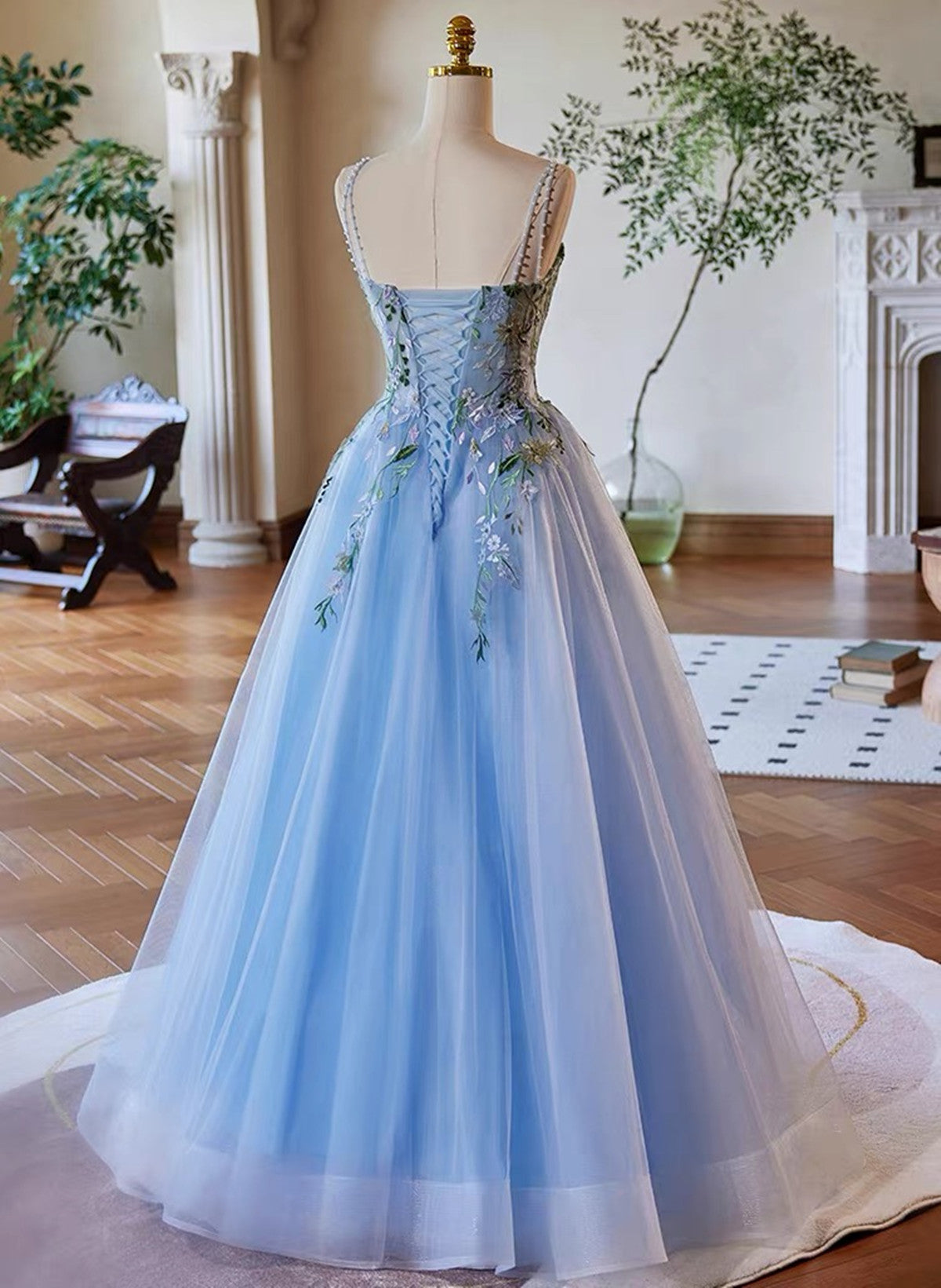 Light Blue Tulle Straps with Lace Applique Prom Dress, Light Blue Part