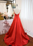 Red Satin Sweetheart Long Formal Dress, Red Satin Straps Prom Dress