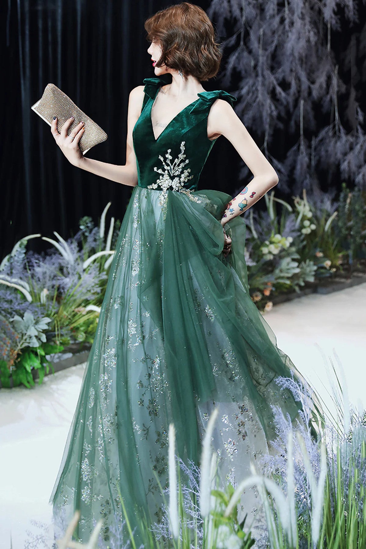 Green A-line Tulle and Velvet Long Party Dress, Green New Style Prom Dress