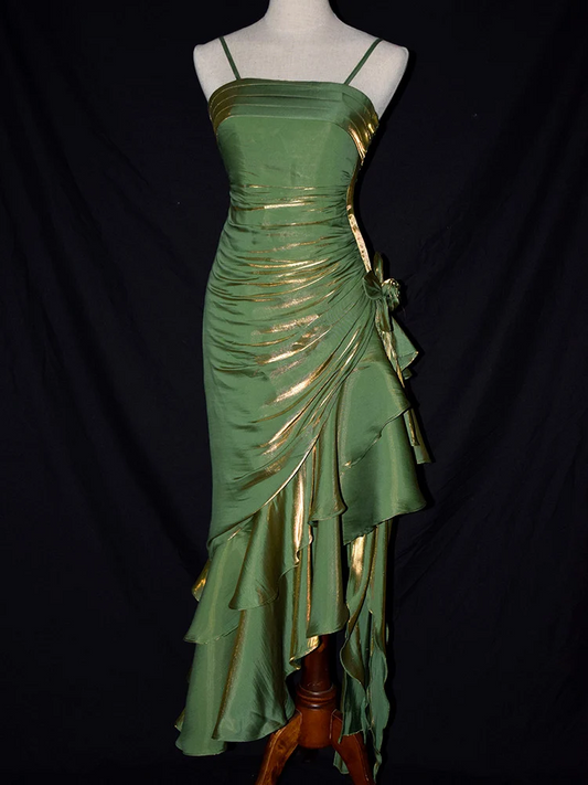 Green Satin Vintage Style High Low Party Dress, Mermaid Spaghetti Strap Dress Formal Dress