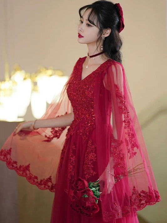 Charming Wine Red Tulle V-neckline with Lace Applique Formal Dress, Wine Red Tulle Evening Dress