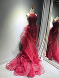 Wine Red Tulle and Sequins Halter Long Party Dress, Wine Red New Style Prom Dress