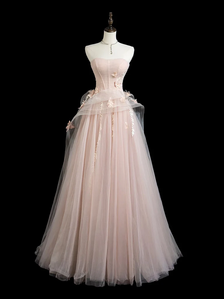 Lovely A-line Tulle Strapless Long Party Dress with Lace, Pink Tulle Prom Dress