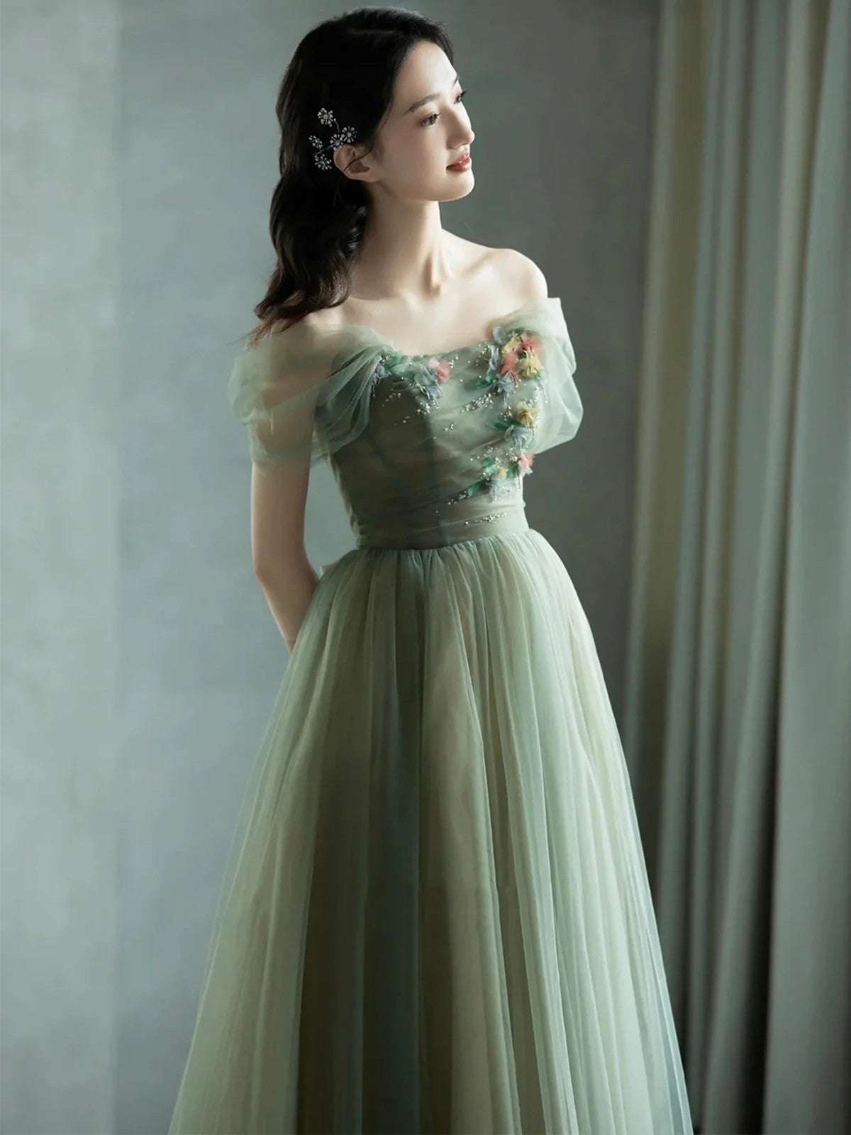 Green Off Shoulder with Flowers Tulle Long Party Dress, Green Prom Dress