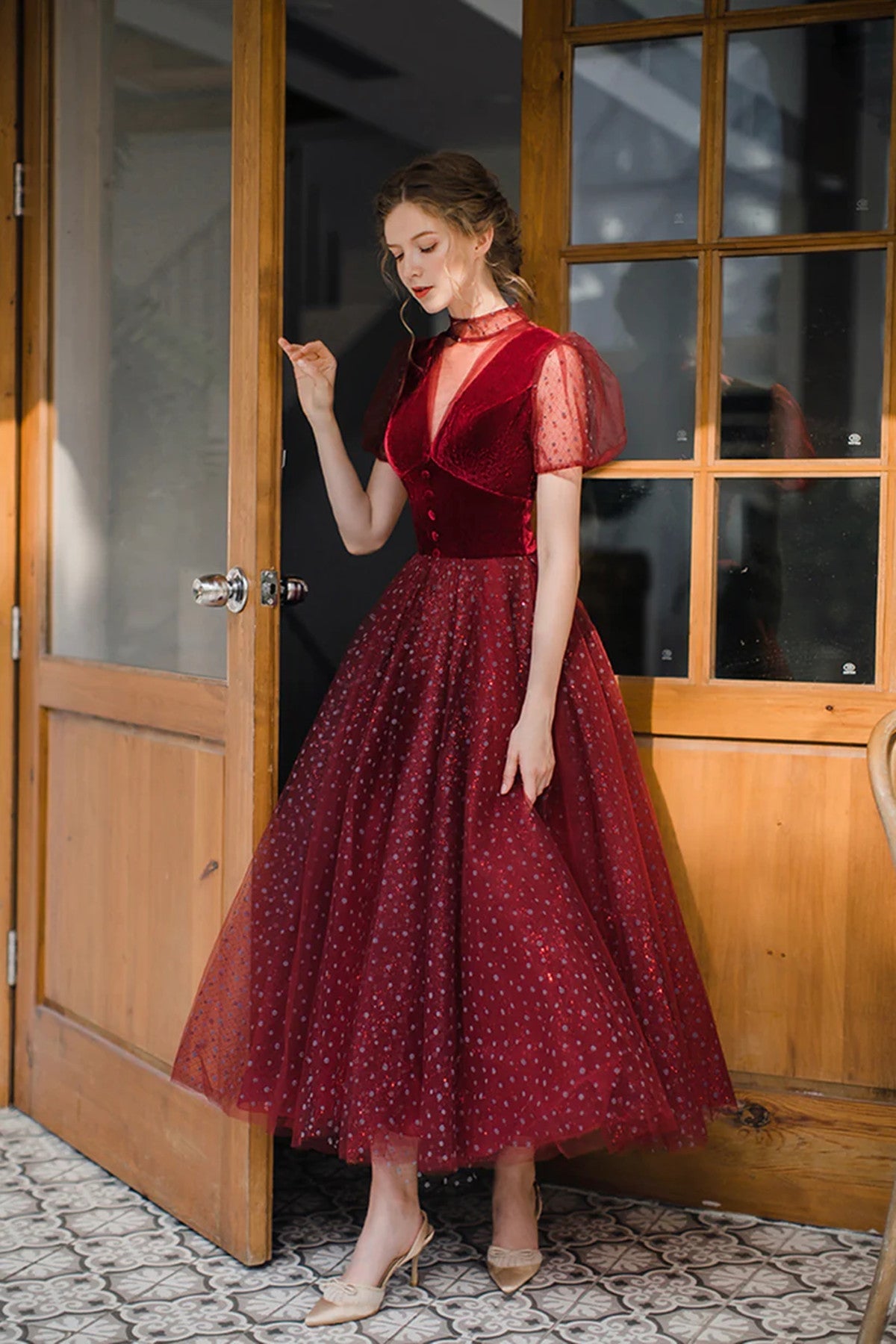 Wine Red Velvet and Tulle Tea Length Homecoming Dress, Wine Red Weddin Formaldressy Wine Red Velvet and Tulle Tea Length Homecoming Dress, Wine Red Weddin Formaldressy