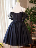 Navy Blue Knee Length Sweetheart Flowers Party Dress, Navy Blue Homecoming Dress