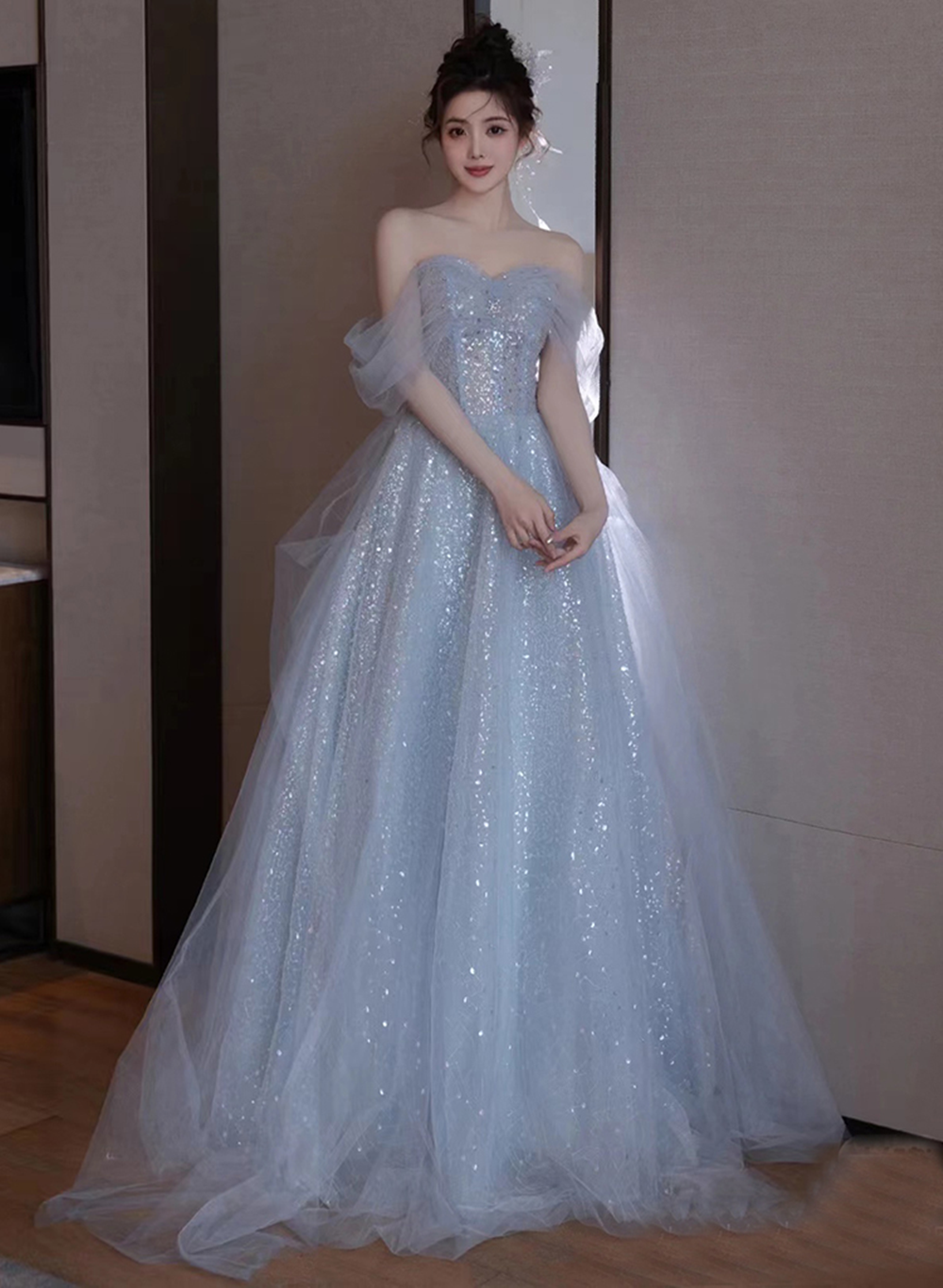 Lovely Blue Tulle Off Shoulder Beaded Party Dress, A-Line Tulle Blue Wedding Party Dress