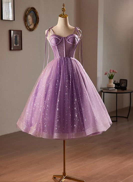 Light Purple Knee Length Straps Party Dress, Light Purple Homecoming Dress