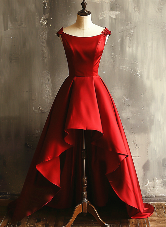 Wine Red Satin High Low Round Neckline Party Dress, Wine Red Homecoming Dress