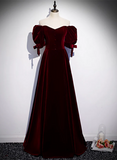 Wine Red Velvet A-line Simple Party Dress, Wine Red Velvet Long Prom Dress