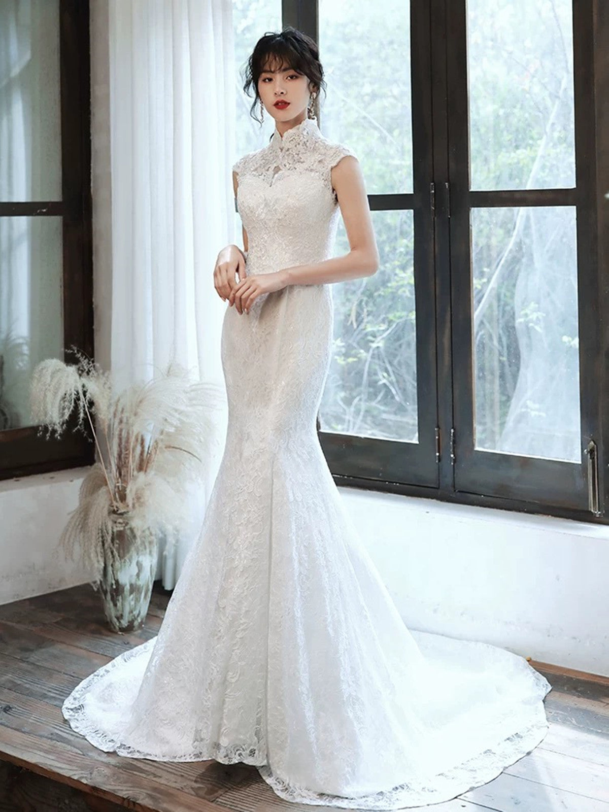 White Mermaid Lace High Neckline Wedding Party Dress, White Long Wedding Dress