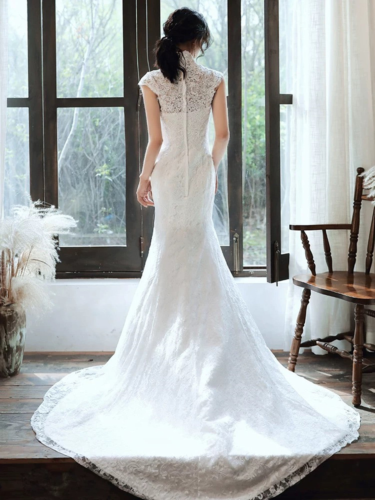 White Mermaid Lace High Neckline Wedding Party Dress, White Long Wedding Dress