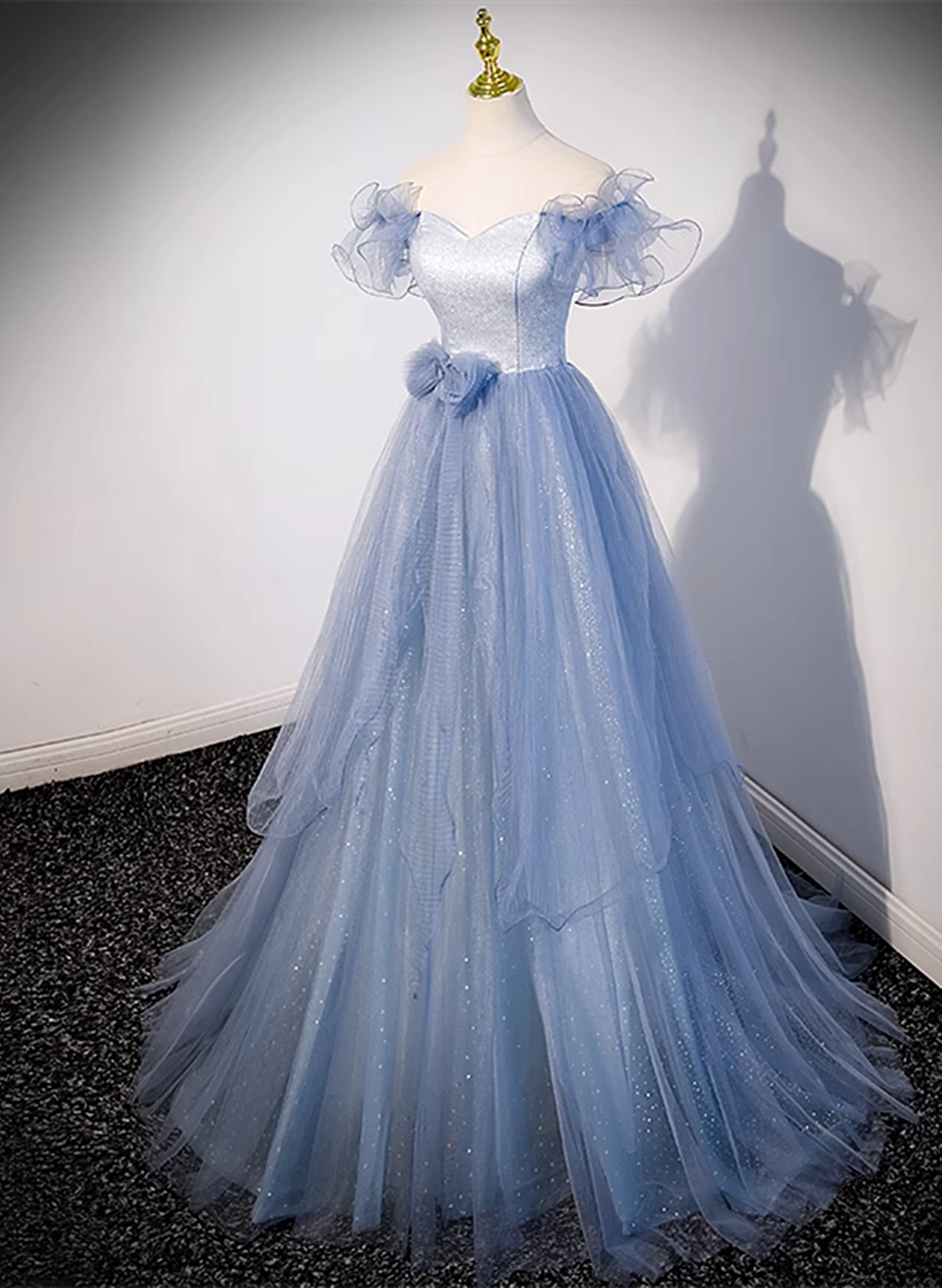 Light Blue Tulle Long Formal Dress, A-line Off Shoulder Evening Dress Prom Dress