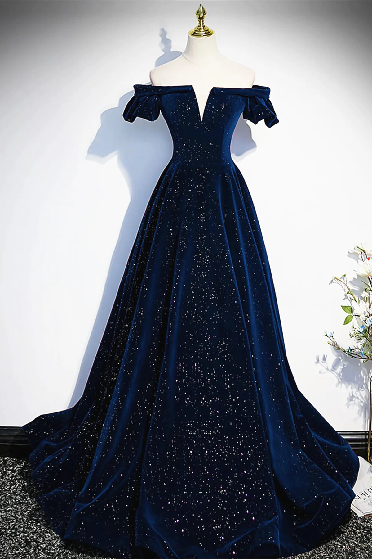 Navy Blue Velvet Off Shoulder Long Party Dress, Navy Blue Prom Dress F