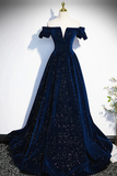 Navy Blue Velvet Off Shoulder Long Party Dress, Navy Blue Prom Dress Formal Dress