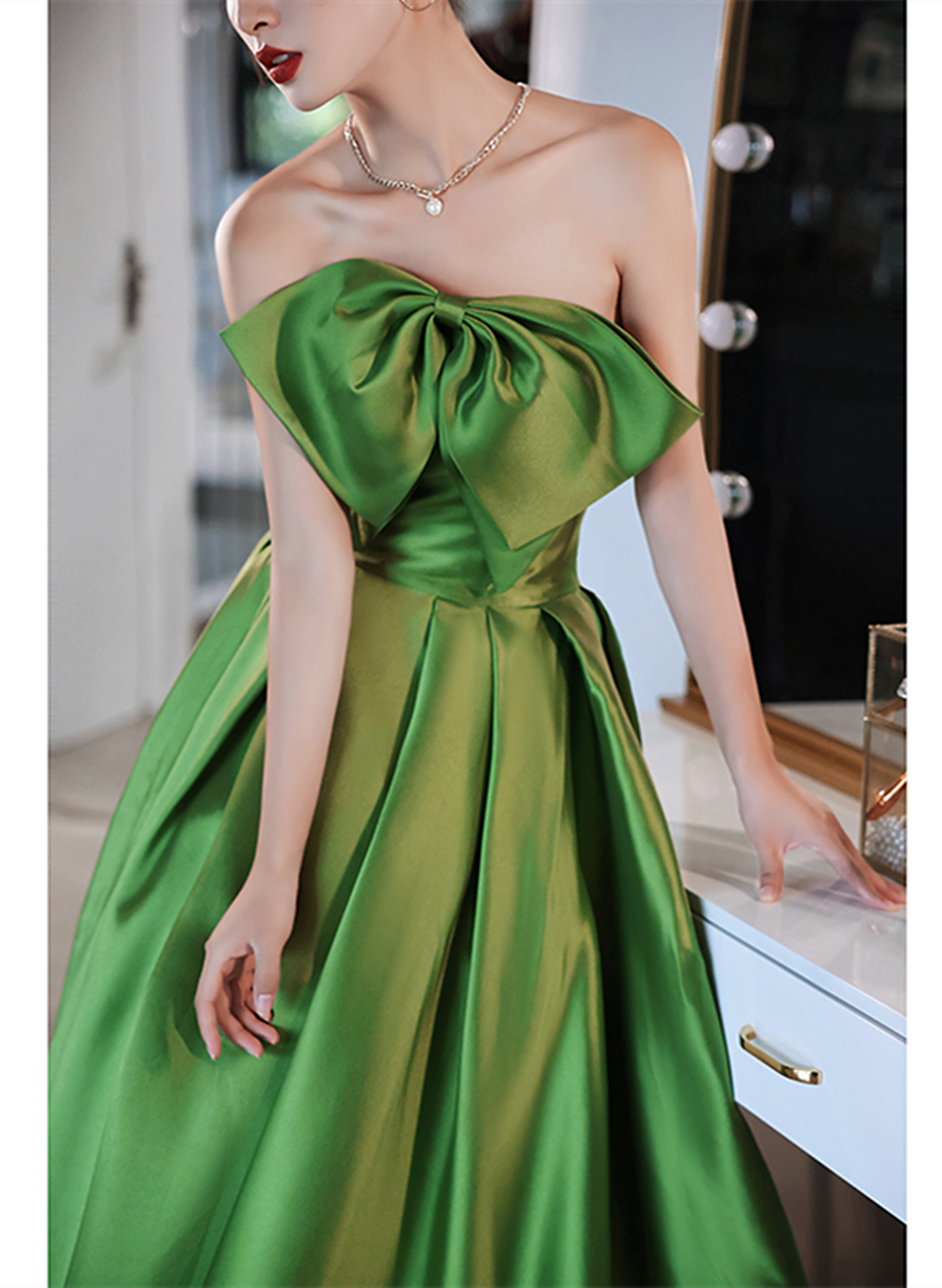 Green Simple Pretty A-line Satin Prom Dress with Bow, Green Long Wedding Party Dress