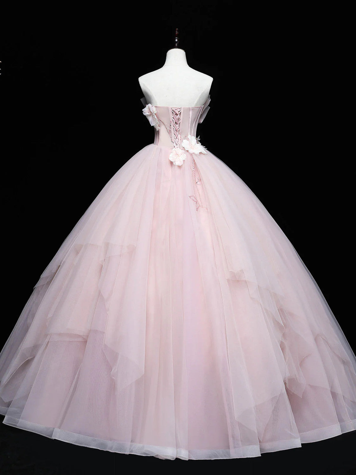 Lovely Pink Tulle Ball Gown Long Formal Dress, Pink Flowers Long Sweet 16 Dress
