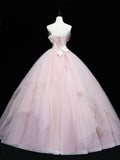 Lovely Pink Tulle Ball Gown Long Formal Dress, Pink Flowers Long Sweet 16 Dress