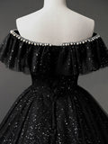 Black Tulle Beaded Long Formal Gown, Black Tulle A-line Prom Dress