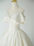 A-line White Satin Straps Long Wedding Party Dress, White Satin Long Prom Dress