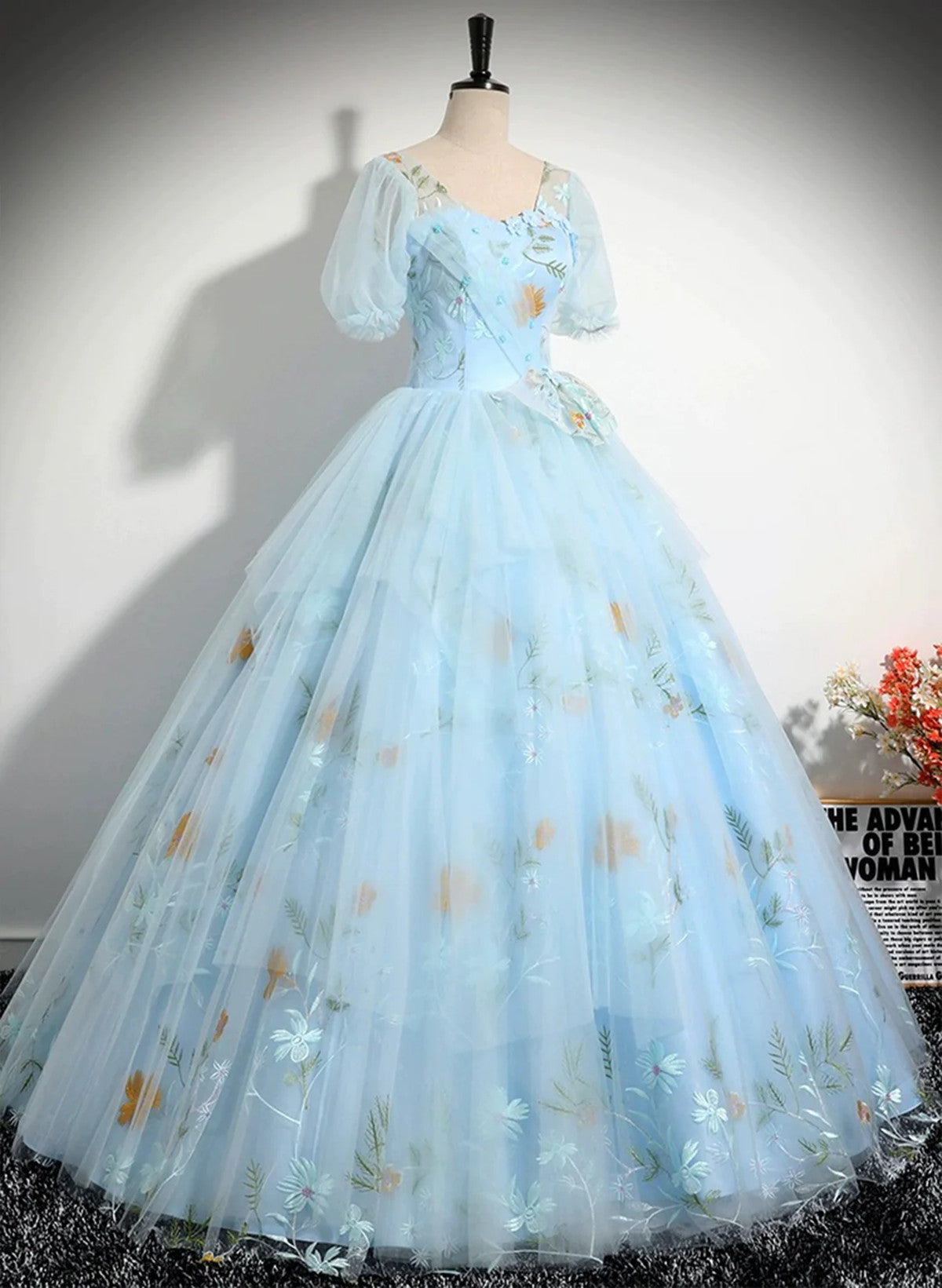 Light Blue Tulle Floor Length Prom Dress, Beautiful Short Sleeves Sweet 16 Dress