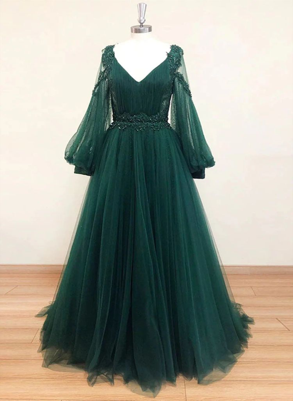 V Neck Long Sleeves Dark Green Lace Prom Dress A line Dark Green Lace v-neck-long-sleeves-dark-green-lace-prom-dress-a-line-dark-green-lace