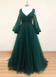 V Neck Long Sleeves Dark Green Lace Prom Dress, A-line Dark Green Lace Formal Evening Dress