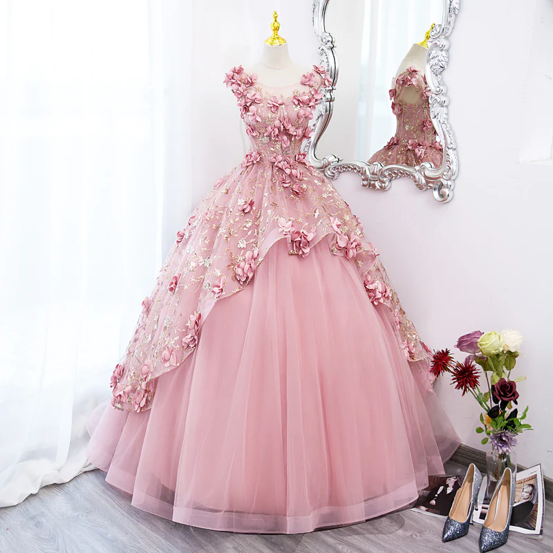 Pink Tulle Long Party Dress With Flowers, Pink Tulle Sweet 16 Dress Formal Dress