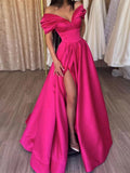 Hot Pink Off Shoulder Satin Long Party Dress with Leg Slit, Pink Satin Prom Dress