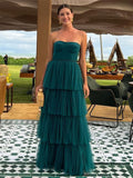 Green Tulle Strapless Layers Long Party Dress Evening Dress, Green Tulle Formal Dress