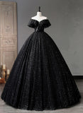 Black Tulle Beaded Long Formal Gown, Black Tulle A-line Prom Dress