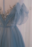 A-line Round Neckline Blue Tulle with Lace Long Party Dress, Tulle Evening Dress Prom Dress