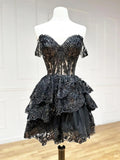 Black Sweetheart Tulle with Lace Knee Length Homecoming Dress, Black Short Party Dress