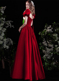 Dark Red Short Sleeves Scoop Long Party Dress, Dark Red Satin Evening Party Dress