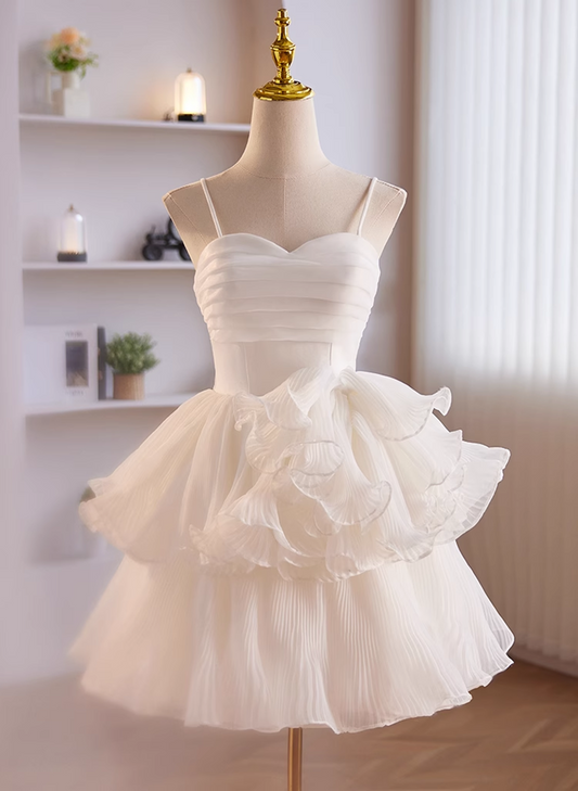 Cute White Tulle Straps Graduation Dress, White Tulle Sweetheart Short Prom Dress