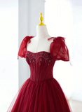 Wine Red Beaded Sweetheart Short Sleeves Party Dress, Wine Red A-line Prom Dress