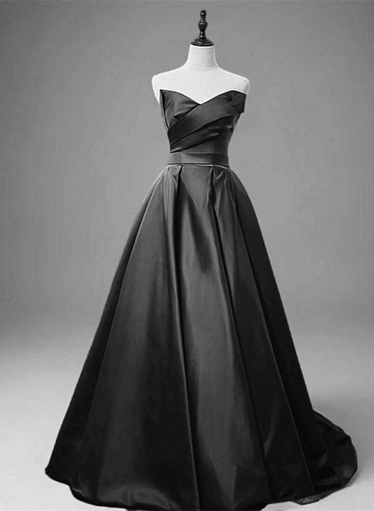 A-line Black Satin V-neckline Long Evening Dress, Black Satin Party Dress