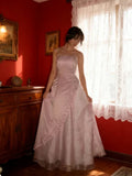 Elegant Strapless Satin  Pink Prom Gown, Embroidered A-Line  Long Evening Dress