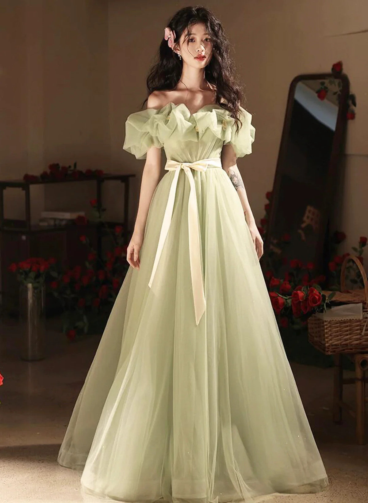 Green A-line Off Shoulder Tulle Prom Dress Party Dress, Green Tulle Prom Dress