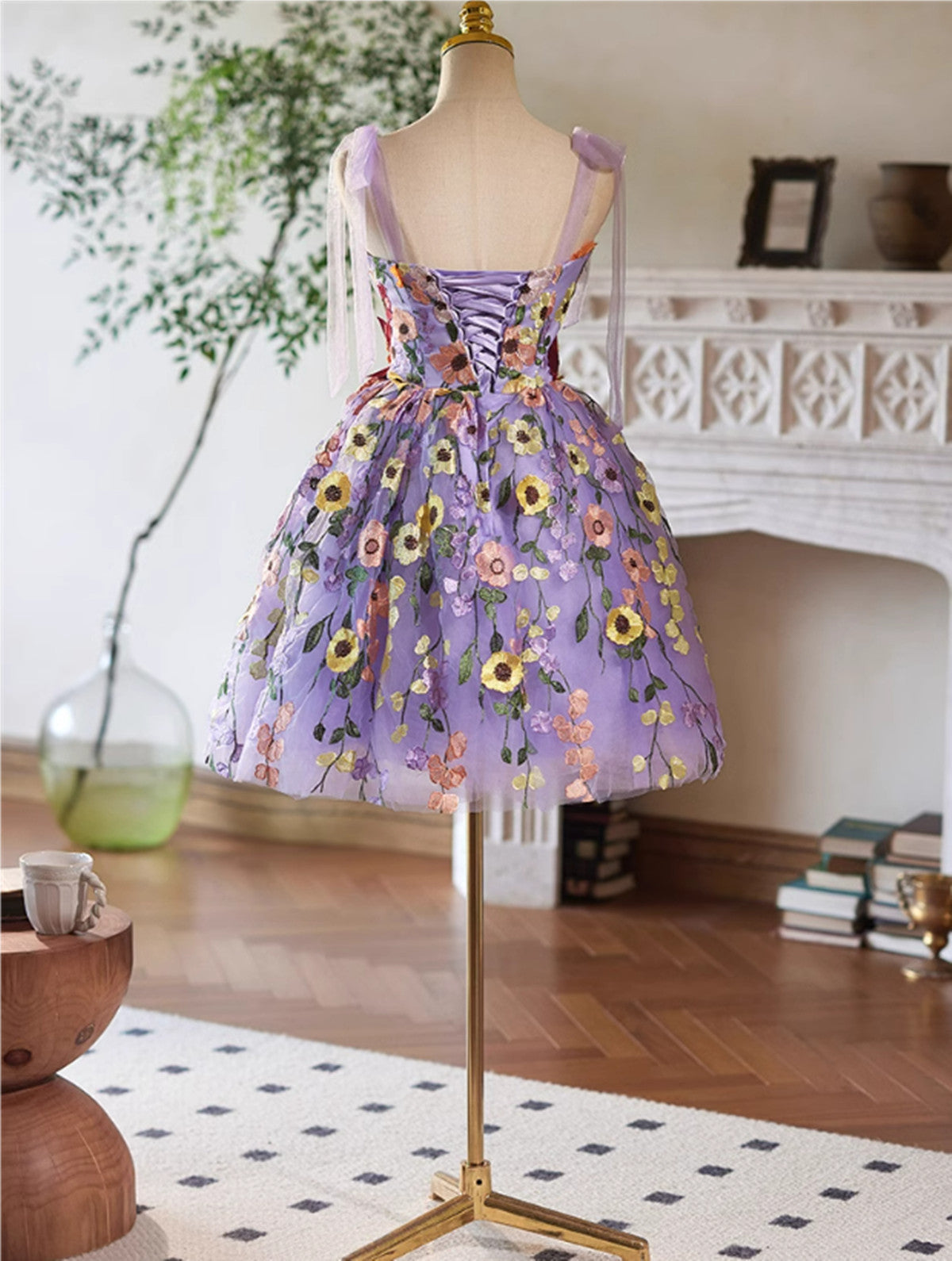 Light Purple Lace Flowers Short Homecoming Dress, Purple Short Prom Dress