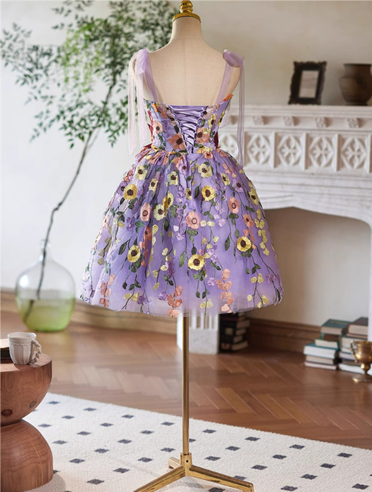 Cute Light Purple Lace Flowers Short Homecoming Dress, Purple Short Pa Formaldressy Cute Light Purple Lace Flowers Short Homecoming Dress, Purple Short Pa Formaldressy