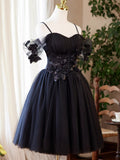 Navy Blue Knee Length Sweetheart Flowers Party Dress, Navy Blue Homecoming Dress