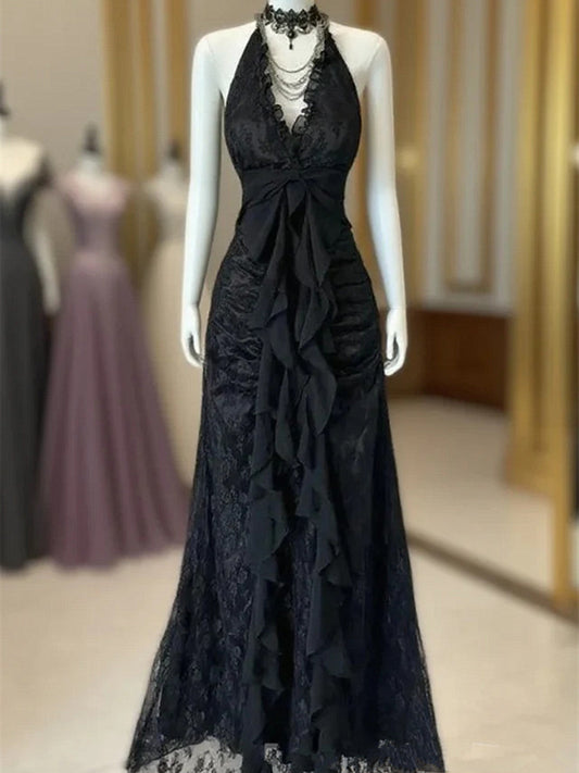 A-line Black Lace Halter V-neckline Party Dress, Black Lace Evening Dress Prom Dress