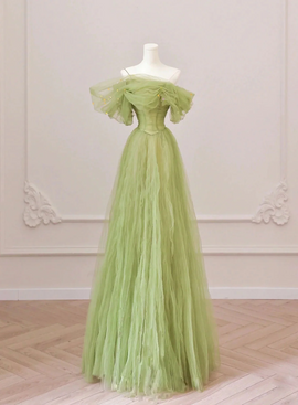 Green Off Shoulder Tulle Long Party Dress, A-Line Green Prom Dress Evening Dress