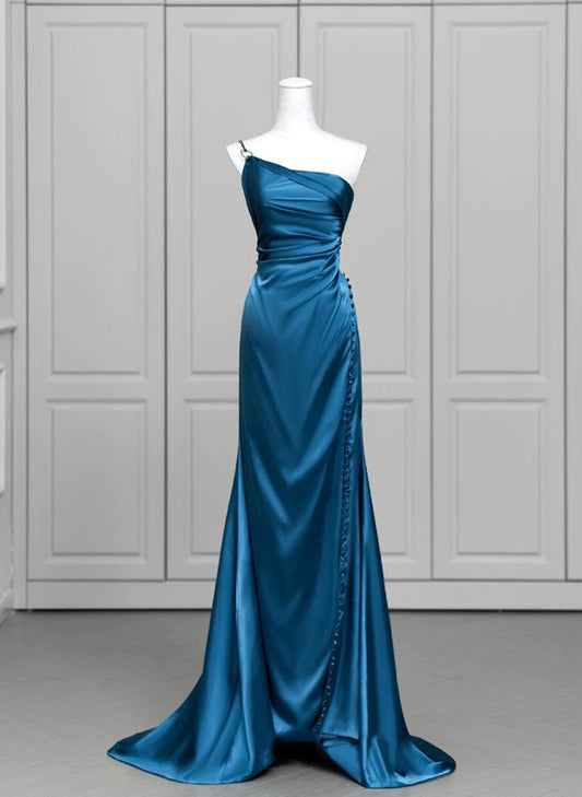 Blue Soft Satin Long Prom Dress with Leg Slit, Blue Evening Dress Formal Dress