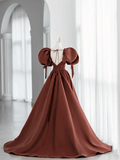 Brown Satin Short Sleeves Long Party Dress, A-line Satin Prom Dress