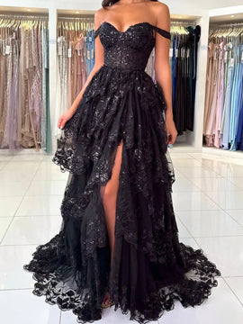 A-line Black Tulle with Lace Applique Party Dress, Black Tulle Sweetheart Long Prom Dress