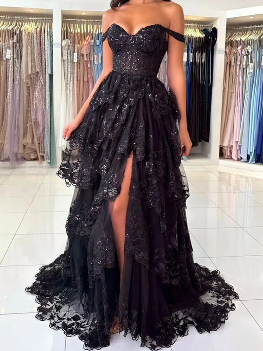 A-line Black Tulle with Lace Applique Party Dress, Black Tulle Sweetheart Long Prom Dress