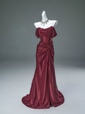 Wine Red Off Shoulder Satin Mermaid Evening Dress, Wine Red Sweetheart Long Prom Dress